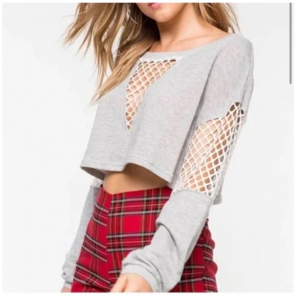 🪞 NEW grey key hole mesh panel terry cloth long sleeve light sweater top